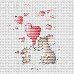 Little elephant with heart balloon cross stitch pattern
