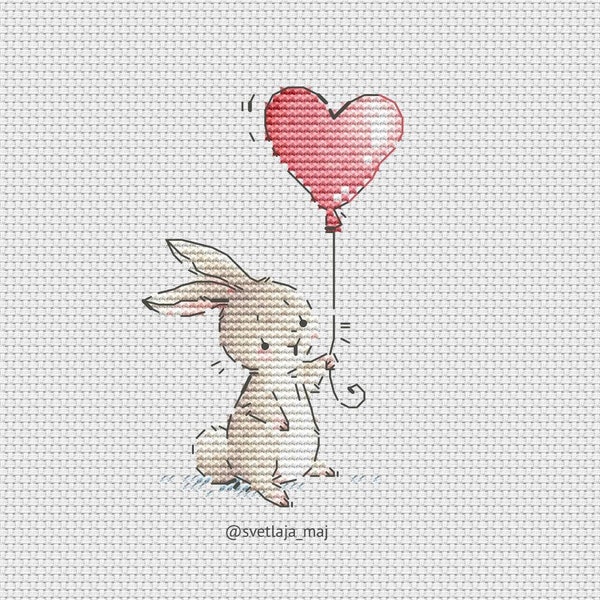 Rabbit with heart balloon cross stitch pattern