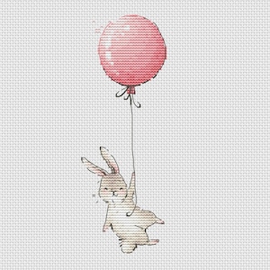 Può includere: Un coniglio bianco con le orecchie marroni tiene la corda di un palloncino rosa. Il coniglio sta volando in aria con il palloncino.