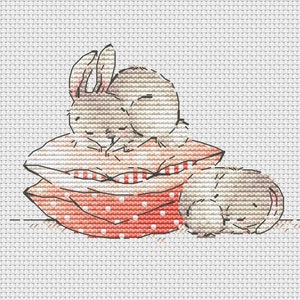 Bunny on the red pillow cross stitch pattern bunnies couple cross stitch pair of sleeping bunnies Ukraine digital download
