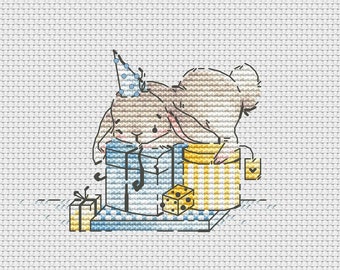 ハッピーバースデークロスステッチパターンギフトボックス付きウサギクロスステッチ誕生日プレゼントウサギクロスステッチウクライナデジタルダウンロード