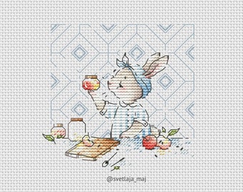 Girl bunny with jar of jam cross stitch pattern
