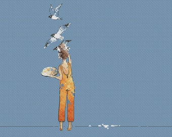 Girl artist cross stitch pattern painter cross stitch pattern girl with paints cross stitch seagulls cross stitch girl is drawing a picture