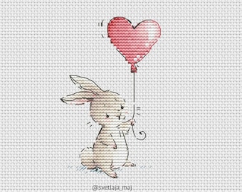 Rabbit with heart balloon cross stitch pattern