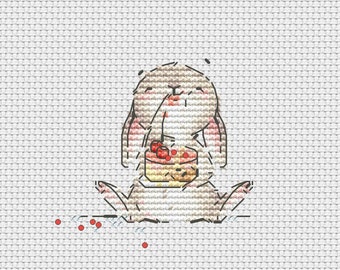ケーキを持ったウサギのクロスステッチパターン 誕生日ケーキを持ったかわいいウサギのクロスステッチ ウクライナ デジタルダウンロード