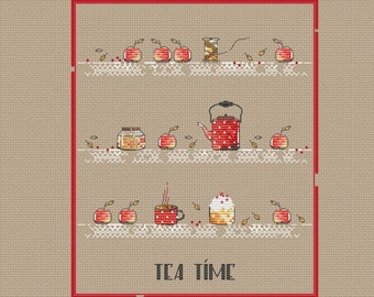 Tea time cross stitch pattern teapot cross stitch apple cross stitch cake cross stitch red kettle cross stitch kitchen ornament cross stitch