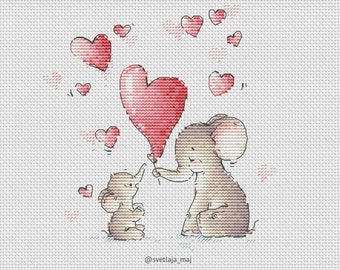 Little elephant with heart balloon cross stitch pattern