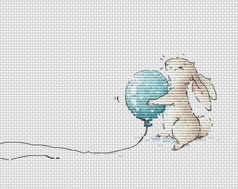 White bunny with blue balloon cross stitch pattern Ukraine digital download