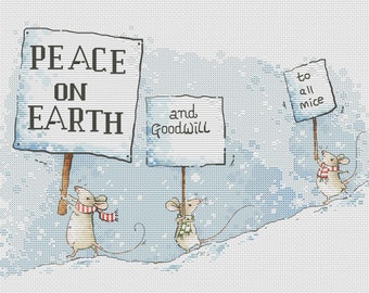 Peace on Earth Kreuzstich Anleitung weißes Mäuse Kreuzstich Stickmuster Mäuschen Stickdatei Mäuschen Kreuzstich Stickvorlage Winter Kreuzstich Stickmuster