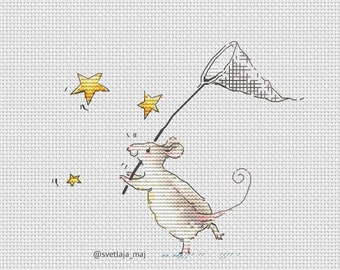 Mouse with butterfly net cross stitch pattern
