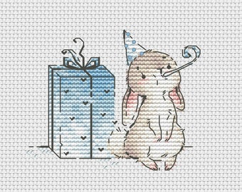 ギフトボックスを持ったウサギのクロスステッチパターン 誕生日のウサギのクロスステッチ 誕生日のパイプを持ったウサギのクロスステッチ ウクライナのデジタルダウンロード