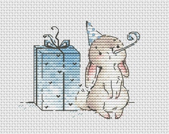 Bunny with gift box cross stitch pattern birthday bunny cross stitch bunny with birthday pipe cross stitch Ukraine digital download