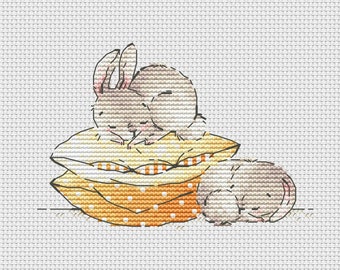 Lapin sur l'oreiller jaune grille point de croix bébé lapins endormis Ukraine téléchargement numérique