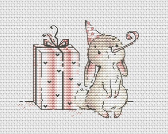 誕生日帽子をかぶったウサギのクロスステッチパターン 誕生日カードクロスステッチパーティーウサギクロスステッチウクライナデジタルダウンロード