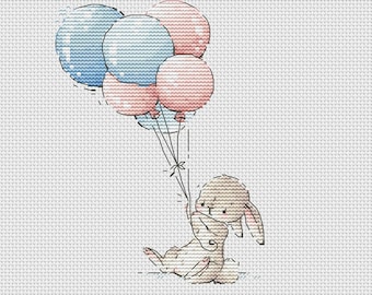 Bunny with bunch of balloons cross stitch pattern bunny with blue and pink balloons cross stitch Ukraine digital download