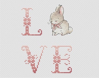 Love bunny cross stitch pattern word love cross stitch Ukraine digital download