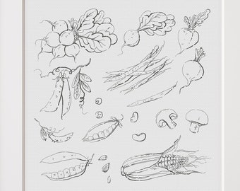 Vegetable Sampler - Cross Stitch Pattern, Kitchen Decor, digital instant download pdf, mum's gift, blackwork, harvest design, corn & radish