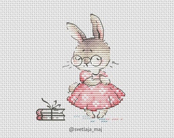 Sweet Bunny in Pink Dress - Cross Stitch Pattern, digital instant download pdf, nursery decor, DIY Embroidery, baby girl gift, bookmark idea