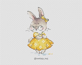 Cute Rabbit in Yellow Dress small Cross Stitch pattern, modern nursery decor, DIY Embroidery, baby girl gift, digital instant download pdf