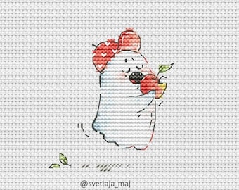 Cute Ghost Eating Apple Cross Stitch Pattern - Halloween art, skeleton, pumpkin, witch, fall, autumn, leaves, Red Baseball Cap, spooky boo