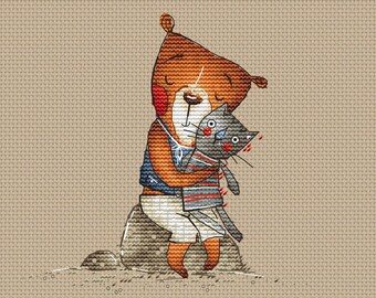 Teddy Bear and Cat Cross Stitch Pattern Bear with kitty Instant download printable PDF file cross stitch chart for boy Bear and Cat