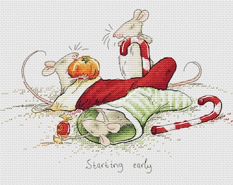 Ready for Christmas cross stitch pattern Mouse in stocking pattern Christmas stitch design chart Mouse cross stitch Christmas cross stitch