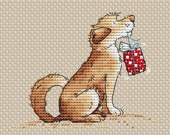 Patrón de punto de cruz para perro Patrón de punto de cruz navideño para perro con regalo Descarga instantánea del patrón en PDF Lindo perro con regalo Patrón navideño