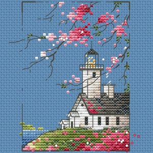 Lighthouse with flowers cross stitch pattern sakura cross stitch spring lighthouse view cross stitch Ukraine digital download