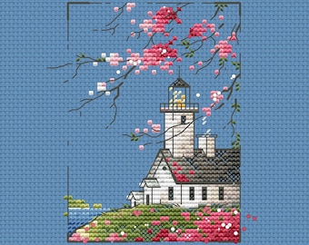 Lighthouse with flowers cross stitch pattern sakura cross stitch spring lighthouse view cross stitch Ukraine digital download