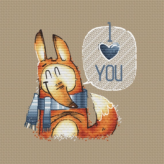 Fox love you Cross Stitch Pattern forest animal printable PDF pattern smiling Fox cross stitch chart Gift for fox lover Decor cross stitch