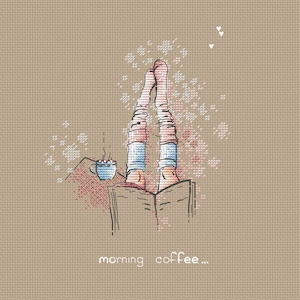 May include: A digital illustration of a person's legs in socks and a cup of coffee with marshmallows on a table with a book. The text "morning coffee..." is below the image.