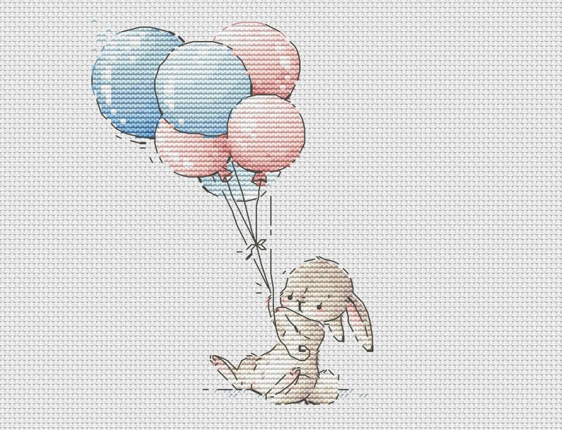 Bunny with bunch of balloons cross stitch pattern bunny with blue and pink balloons cross stitch Ukraine digital download image 1