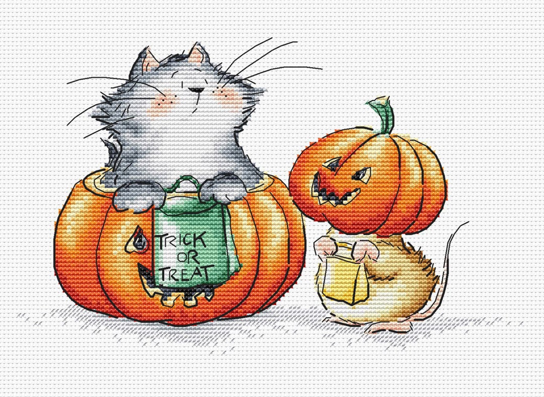 Halloween Cat and Mouse Pumpkin Cross Stitch Pattern Trick or Treat ...