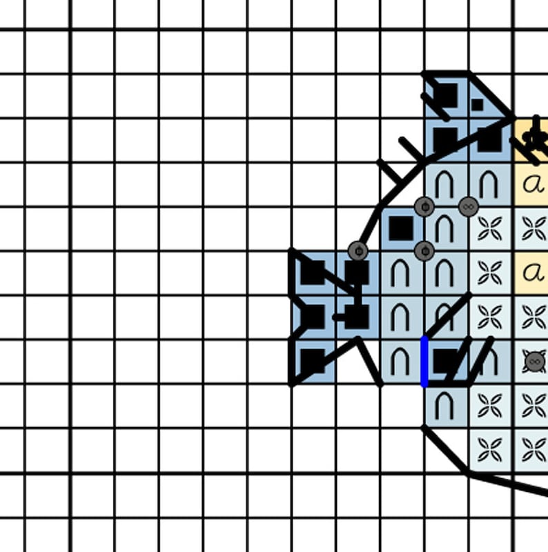 May include: A black and white cross stitch pattern with a blue and white background. The pattern features a stylized bird with a yellow beak and a black eye.