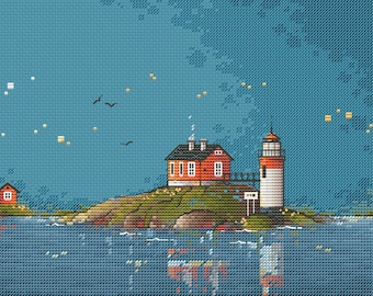 Night landscape with lighthouse cross stitch pattern night sea cross stitch night view cross stitch lighthouse embroidery pattern