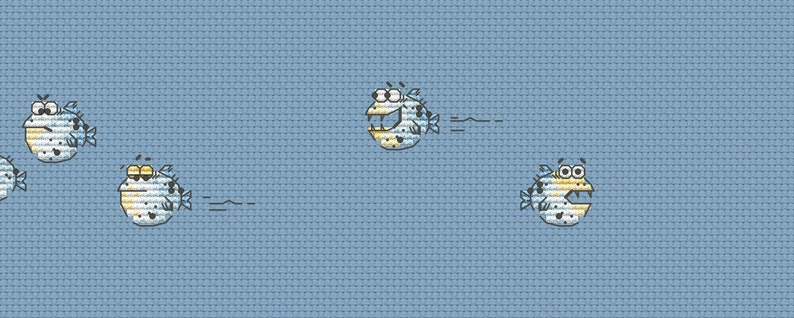 May include: Four cartoon pufferfish with black eyes and white spots swim in a blue background. The pufferfish have different expressions, including a surprised look, a wide smile, and a frowning face.