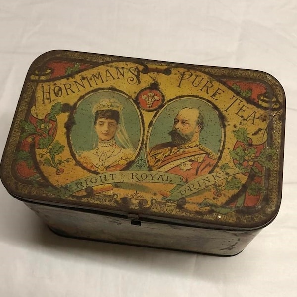 Antique tea caddy tin for Hornimans with Edward VII picture 1900s