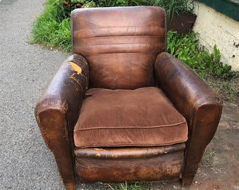 Vintage French leather club chair 1930s some damage