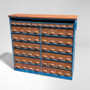 Vintage industrial bank of 59 metal drawers