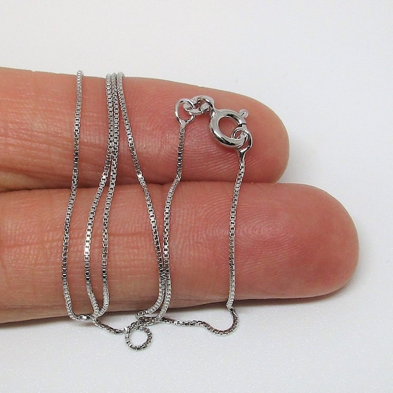 Box Chain: 18", Sterling Silver, thin Rhodium Plated chain to prevent tarnish (looks like white gold finish). Nice Italian chain! (CHN010)