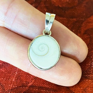 May include: A silver pendant featuring a white seashell with a spiral pattern.