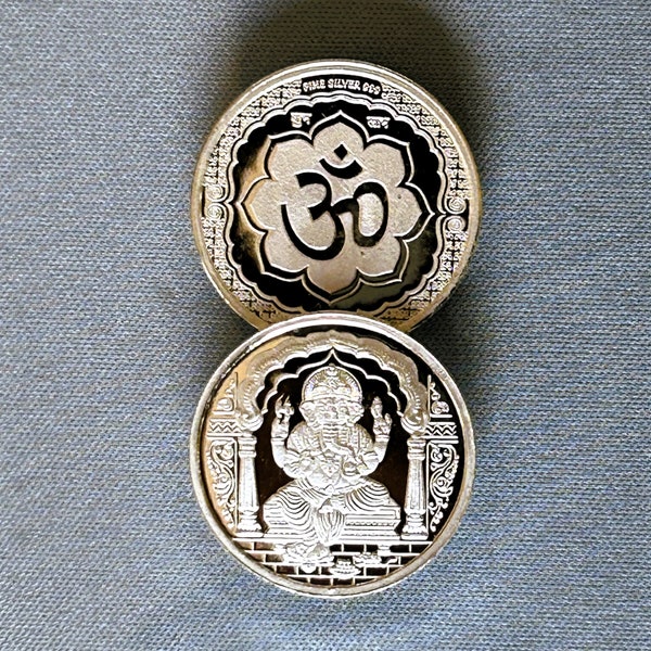 OM Ganesh Coin, 5 g, 99.9 Silver, OM on one side and Ganesh on other side. Excellent finish & detailed workmanship (USA). Collector's item.