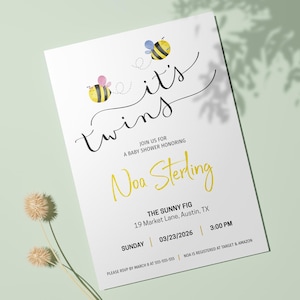Twins Baby Shower Invitation Printable, Minimalist Bee Theme, Twin Baby Party Invite