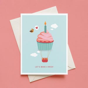 Whimsical Cupcake Hot Air Balloon Birthday Card – Let's Make a Wish Greeting (A2)