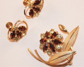 Vintage Signed Star-Art Gold Filled Amber and Citrine Rhinestones Brooch Screwback Earrings Demi Parure set