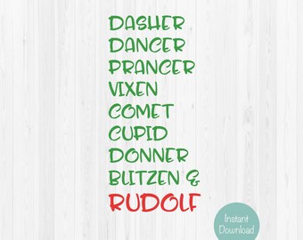 Reindeer Names SVG Dasher, Dancer, Prancer, Vixen, Comet, Cupid, Donner, Blitzen & Rudolf - SVG Cut File