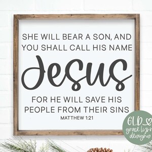 Ella dará a luz un hijo y llamarás su nombre Jesús SVG, SVG de Navidad, letrero navideño religioso, versículo bíblico de Navidad svg, cita de Jesús