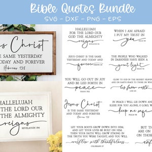 Puede incluir: Un paquete digital de citas bíblicas con 14 diseños en formatos SVG, DXF, PNG y EPS. La imagen presenta varias citas, incluyendo "Jesucristo es el mismo ayer, hoy y siempre" y "Aleluya al Señor nuestro Dios Todopoderoso".
