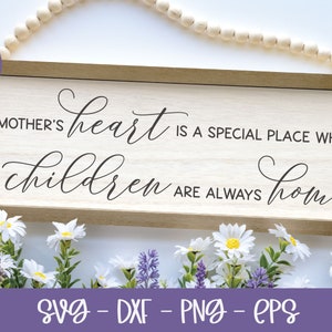 O coração de uma mãe é um lugar especial onde seus filhos estão sempre em casa - Arquivo de corte digital para o Dia das Mães - svg, dxf, png, eps