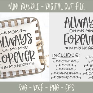 Siempre en mi mente Por siempre en mi corazón Mini PAQUETE - Archivo de corte digital Incluye - SVG, DXF, PNG y EPS